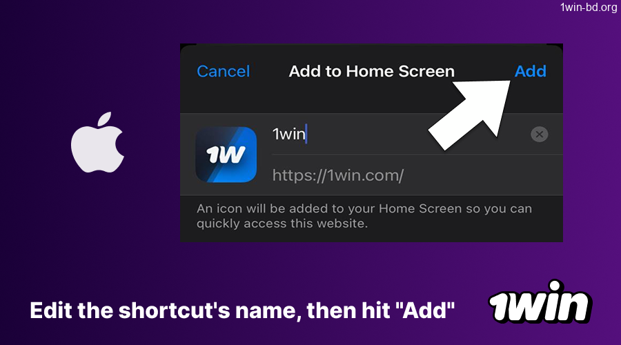 Editing shortcut name for 1Win app installation