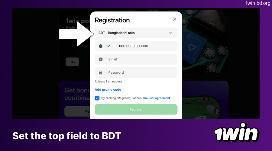 Selecting BDT currency for 1win transactions